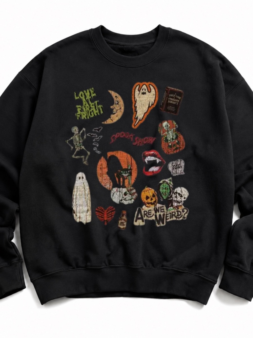 Black Halloween Graphic Crewneck Sweatshirt with Multi-Color Patch Art
